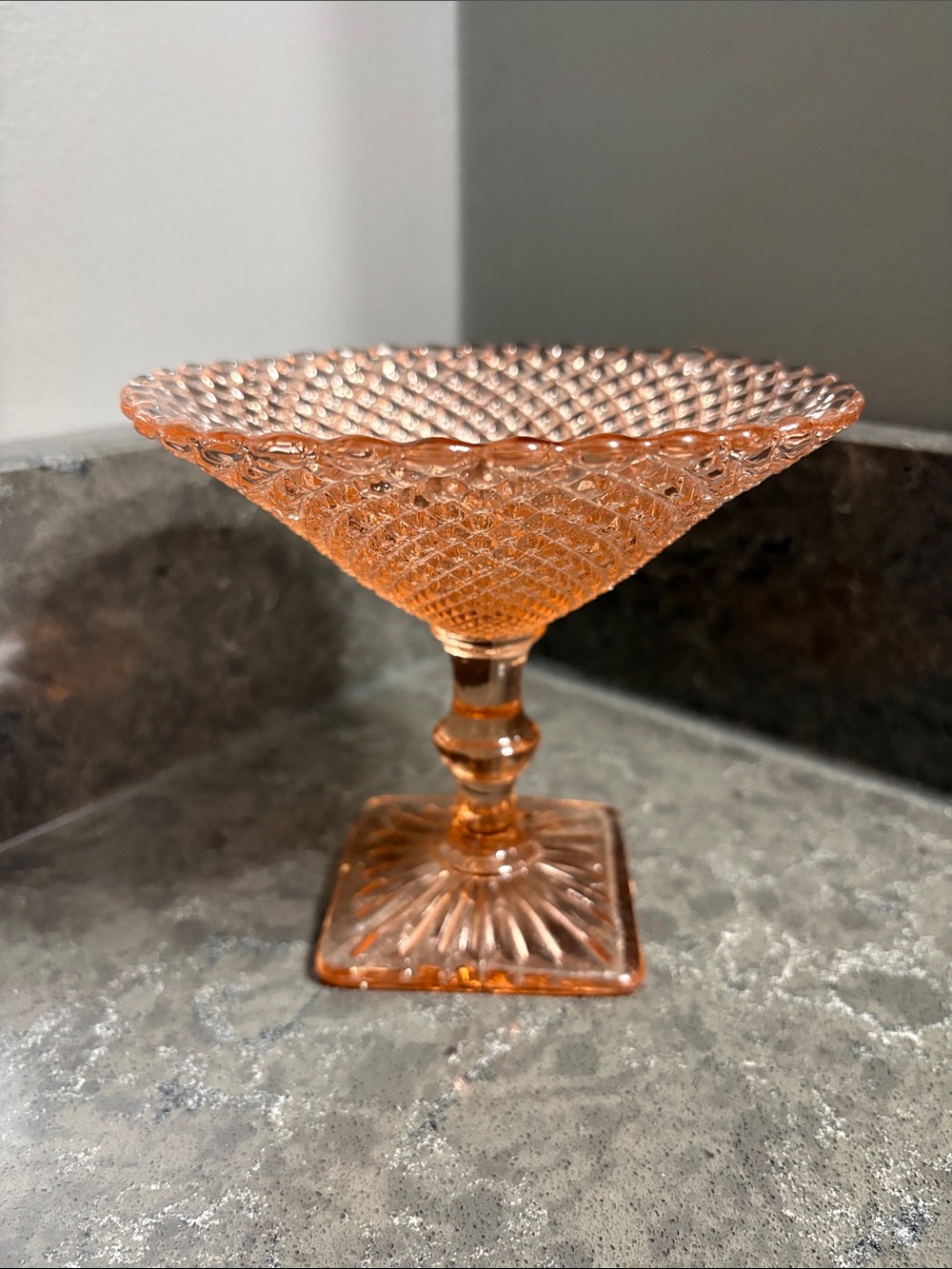 Anchor Hocking Depression Glass Candy Dish in a diamond point pattern.